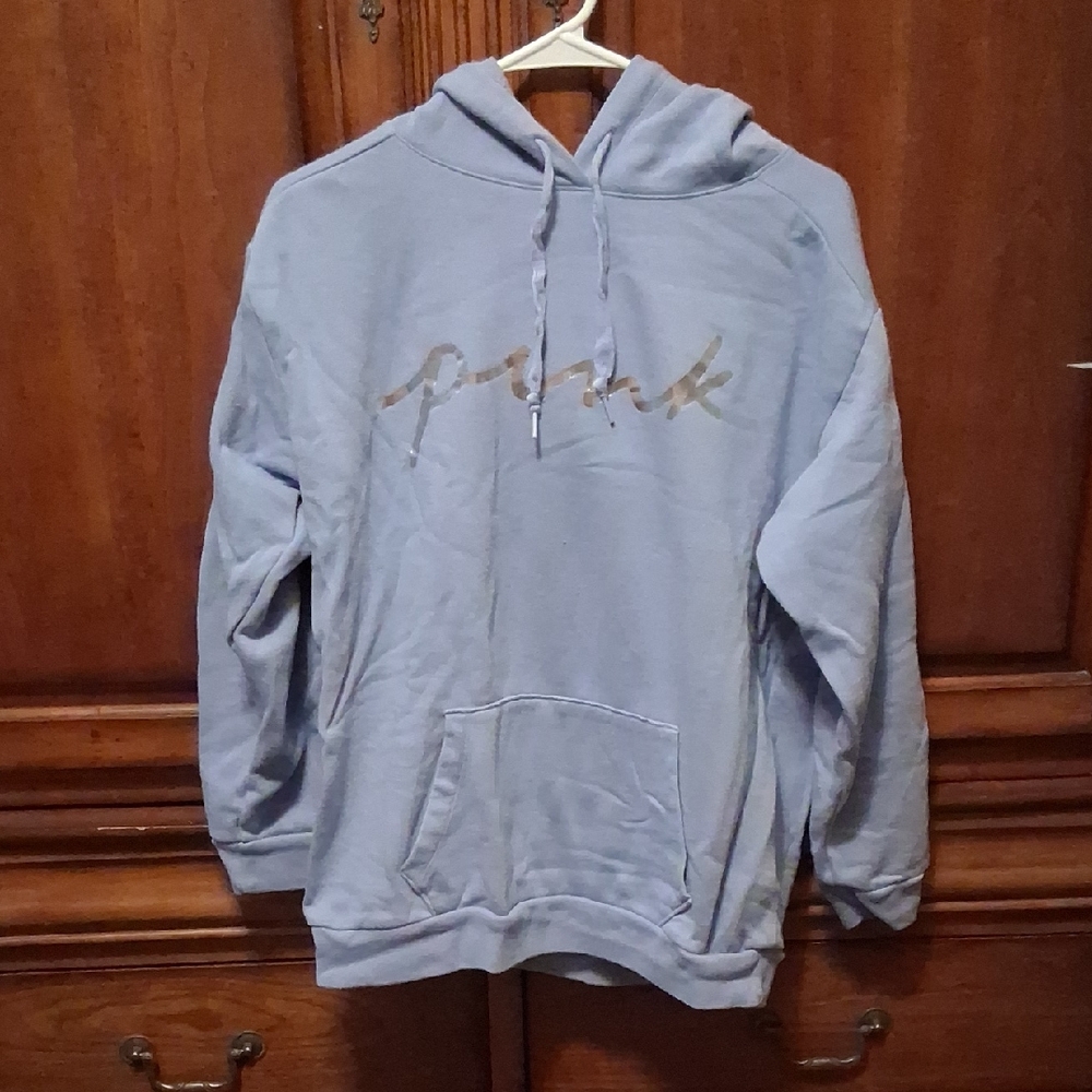 Victoria's Secret Medium Light Blue Hoodie with Pink Script